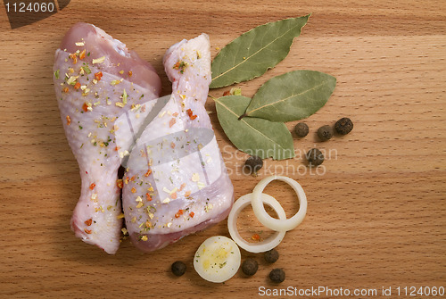 Image of raw chicken meat with herbs, onions and peppers
