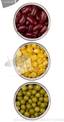 Image of canned beans, peas and maize in metal cans