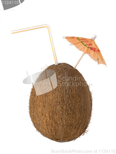 Image of coconut drink, cocos with a straw and umbrella