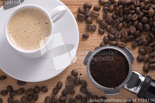 Image of composition with a cup of coffee and filter holder.