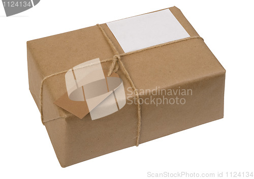 Image of brown paper package tied with string and  label 