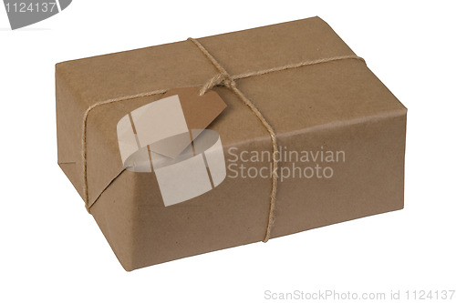 Image of brown paper package tied with string and  label 