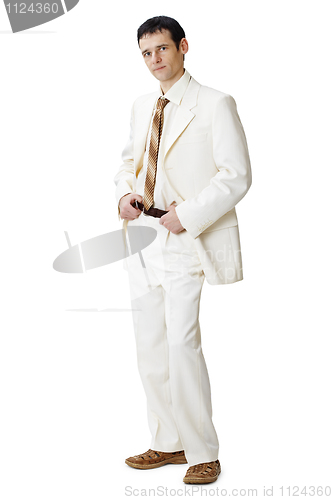 Image of Ðoung man in light suit on white background