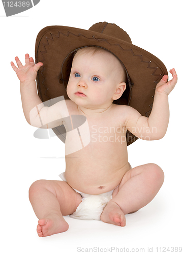 Image of Baby and cowboy hat on white background