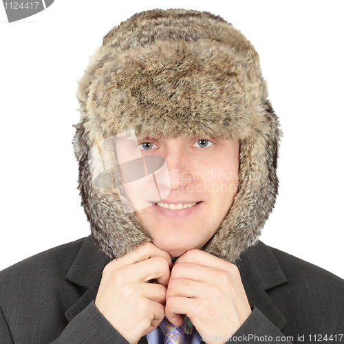 Image of Russian businessman in fur hat on white background