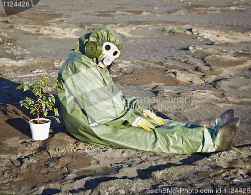 Image of Environmental scientist and a plant in desert