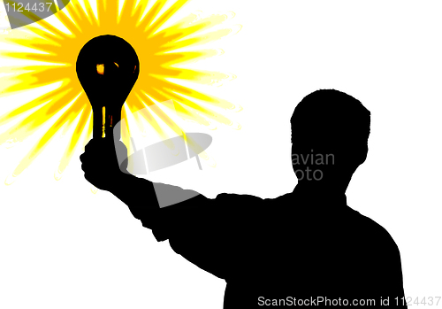 Image of Silhouette of man with bulb - idea in hand. illustration