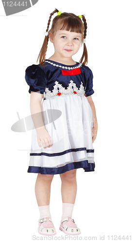 Image of Little girl squinted slyly on white background