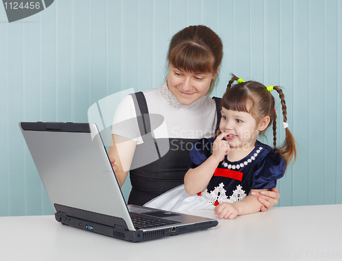 Image of Mother and child playing with laptop