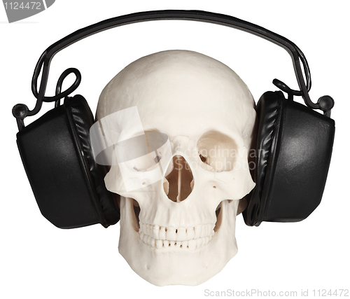 Image of Human skull with music headphones on white background