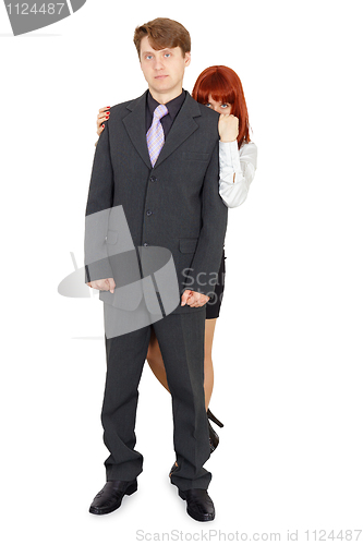 Image of Woman hiding behind man isolated on white