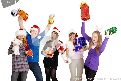 Image of Happy company with New Year's gifts in hands