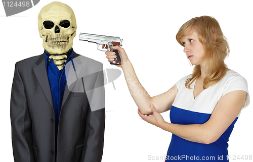 Image of Woman threatens with pistol to person - skeleton