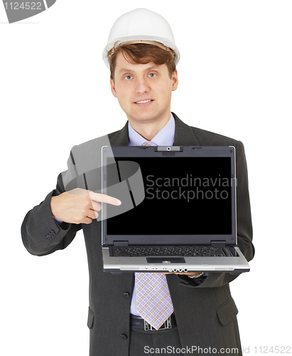 Image of Construction superintendent shows project on computer screen