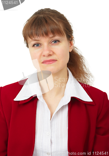 Image of Portrait of unhappy business woman on white