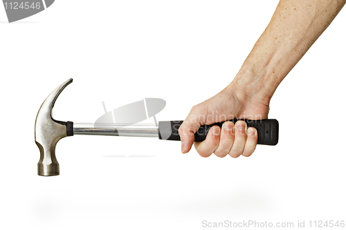 Image of Hand holding hammer isolated on white background