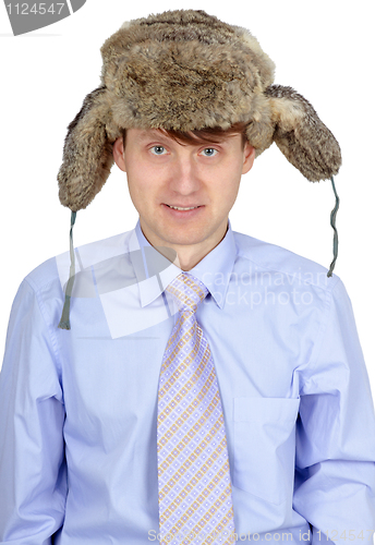 Image of Funny guy in russian earflaps and tie