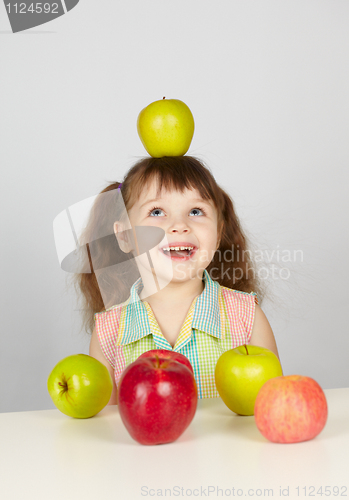 Image of Apple on head of a cheerful girl
