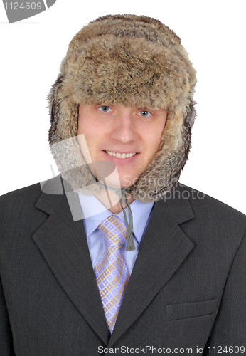 Image of Portrait of Russian businessman in fur hat