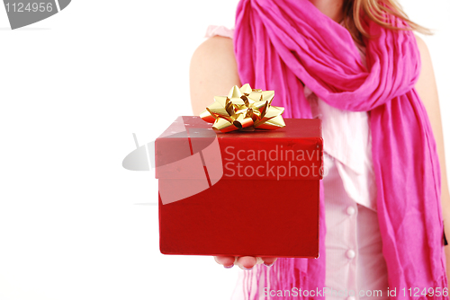 Image of Female hands giving a christmas gift