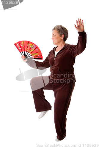 Image of Senior woman doing Tai Chi Yoga exercise