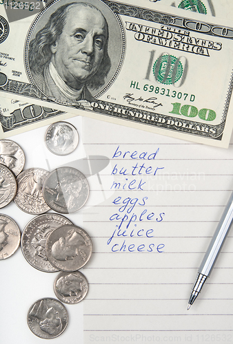 Image of Shopping list, money and pen