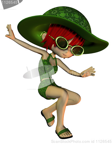 Image of jumping girl in a green summer dress