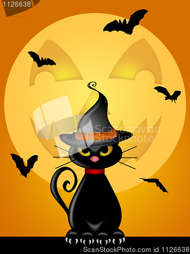 Image of Halloween Cat with Witches Hat by Jack O Lantern Moon