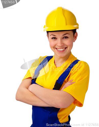 Image of Young beautiful woman in construction uniform