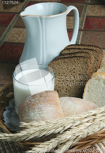 Image of bread and a glass of milk in a basket on a table