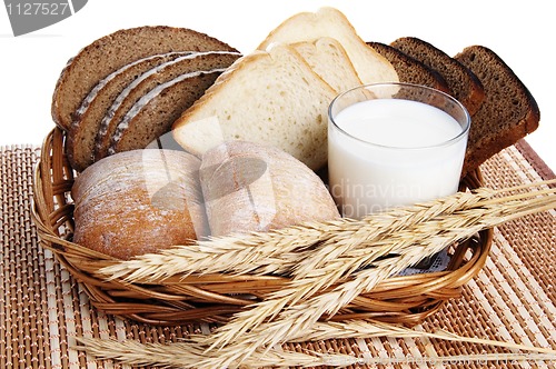 Image of bread and a glass of milk in a basket on a table