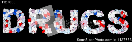 Image of Drugs word: pills and tablets shape isolated 