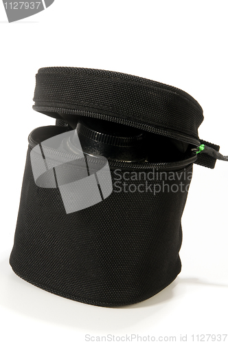 Image of wide angle camera lens in padded lens case
