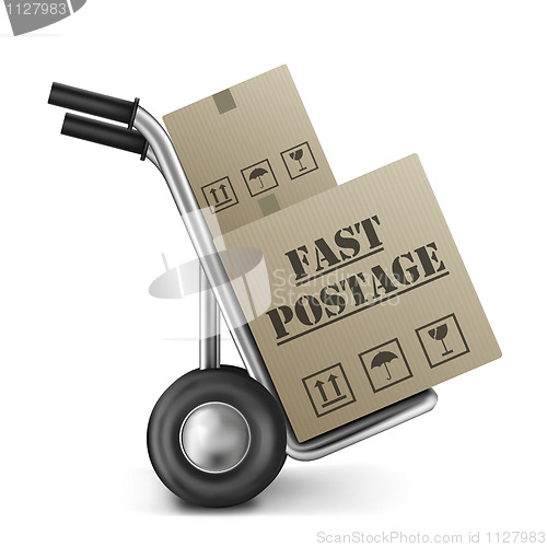 Image of fast postage carrdboard box hand truck