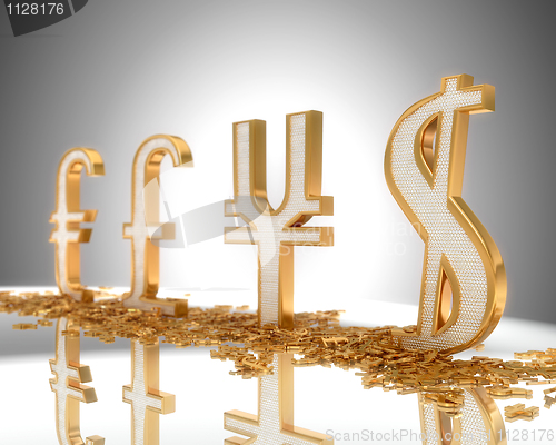 Image of Focus on Dollar. Golden Currency signs 