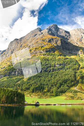 Image of Norwegian Fjord: Mountains, village house 