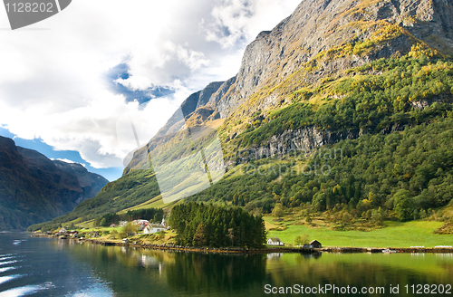 Image of Norwegian fjords: Mountains, village