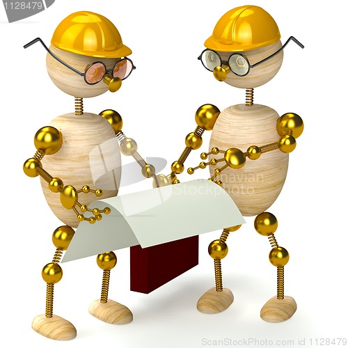 Image of two 3d wood man engineers