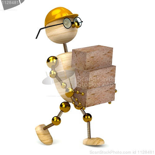 Image of 3d wood man carrying bricks