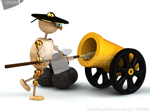 Image of 3d wood man clean yellow cannon