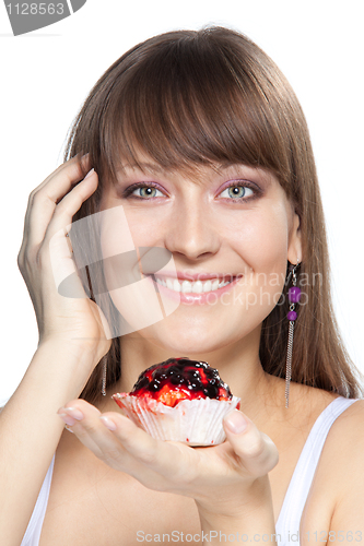 Image of happy girl with cake smile