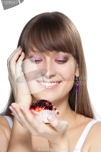 Image of happy girl with cake isolated