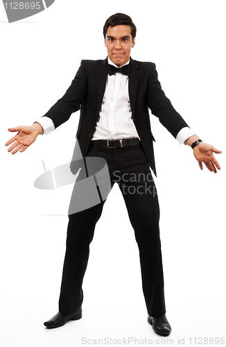 Image of surprised business man part his hands