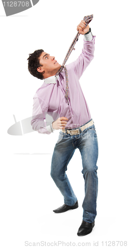 Image of Business man pull himself by tie out of problem