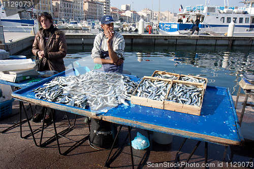 Image of MARSEILLE, FRANCE, MARCH 6: fishmongers on the open-air market of the Vieux-port, on Sunday, March 6th, 2011, in Marseille, France