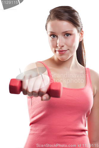 Image of Beautiful sporty woman with dumbbells