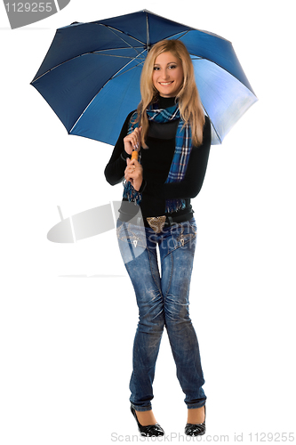Image of Beautiful cheerful blonde with blue umbrella