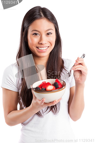 Image of Asian woman eating fruit
