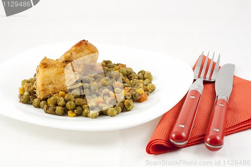 Image of Chicken meat with green peas, carrots and corns