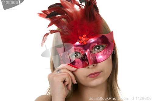 Image of girl in the red masquerade mask